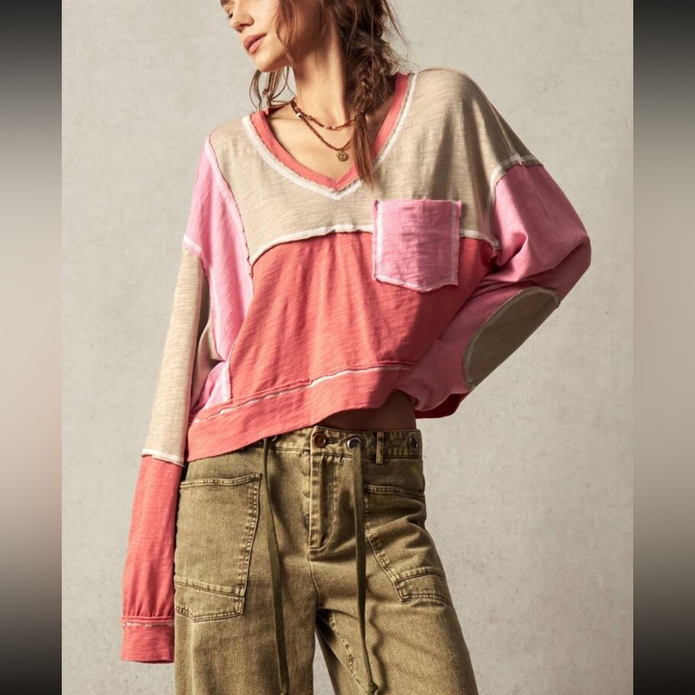 Boho cotton V neck color block blouse - Picture 7 of 8